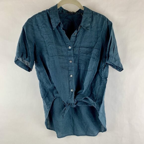 Theory Womens Linen Shirt Navy Blue Size Medium Tie Front Button Up Coastal - Picture 1 of 7